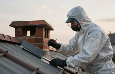 A specialized technician in protective gear checking a roof ridge and chimney stack, focus on professional intervention, soft natural lighting, Western European / French setting.