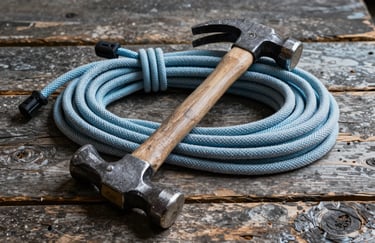 Still life of professional roofing tools, a hammer, and a safety rope on a weathered wooden surface, moody lighting with pale frost blue accents, Western European / French workshop vibe.