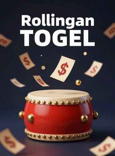 Rollingan Togel rebate graphic with a professional lottery drum and floating lucky numbers in a sophisticated dark theme.