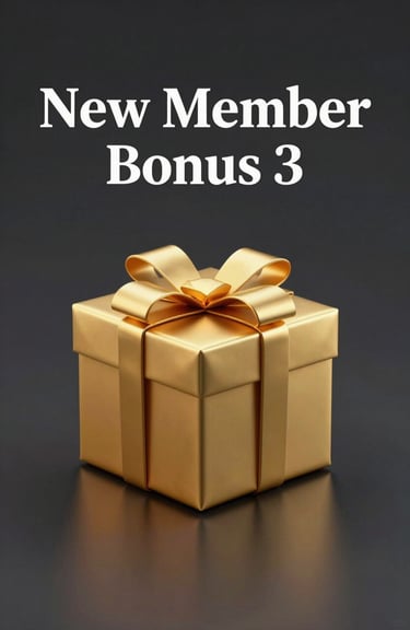 A premium 'New Member Bonus' graphic featuring a 3D golden gift box #F5B041 on a sleek dark surface #1A202C, with elegant typography.
