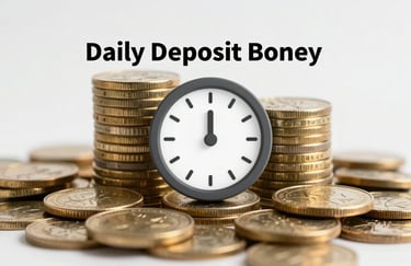Daily Deposit Bonus visual showing a stack of golden coins #F5B041 and a modern digital clock icon, high-tech and trustworthy style.