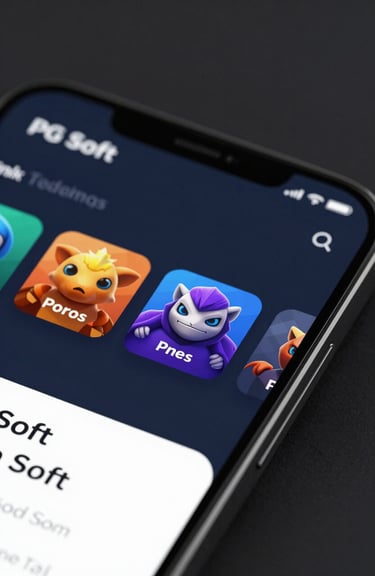 PG Soft gaming interface close-up, highlighting high-detail 3D graphics and mobile-first design, very premium and modern.