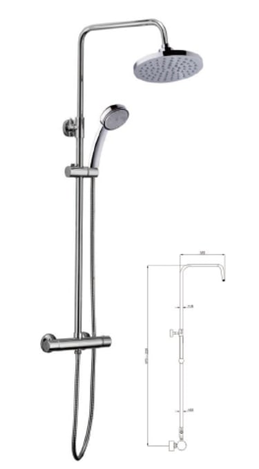 Modern chrome dual shower head system with rainfall showerhead and handheld sprayer kit.