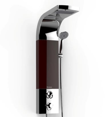 Modern chrome and burgundy shower panel system with overhead rainfall head and handheld sprayer.