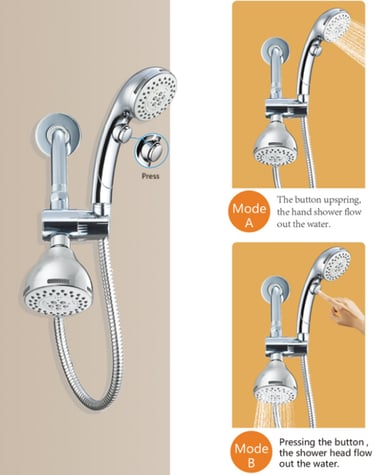 Dual chrome shower head combo with handheld sprayer showing flow modes for bathroom renovation.