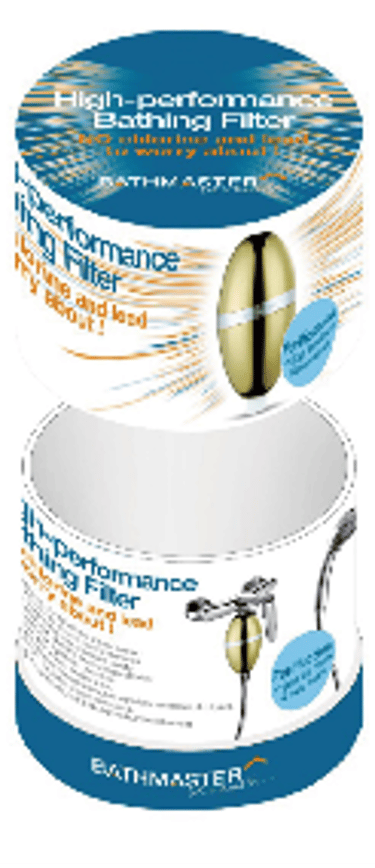 BathMaster high-performance bathing filter packaging showing a gold shower head filter for chlorine and lead removal.