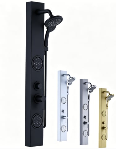 Thermostatic and manual columns with integrated shelving. Custom height and finish specifications