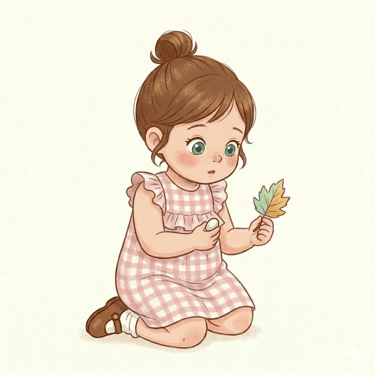 Illustration of a young girl in a pink gingham dress holding a colorful autumn leaf.