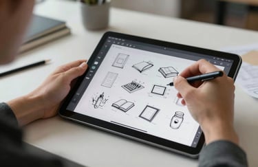 A professional North American designer sketching app wireframes on a digital tablet in a bright, modern creative agency setting, focus on the screen.