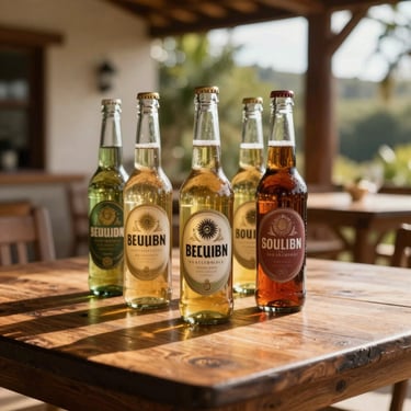 A lifestyle photography shot of several premium glass beverage bottles arranged on a wooden table in a sunlit South American patio.