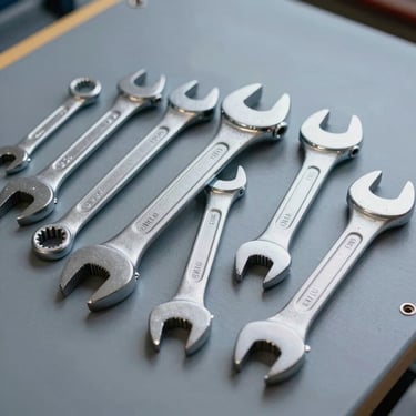 A set of professional plumbing wrenches and high-end tools organized neatly on a gray blue surface, sharp focus, professional industrial style.