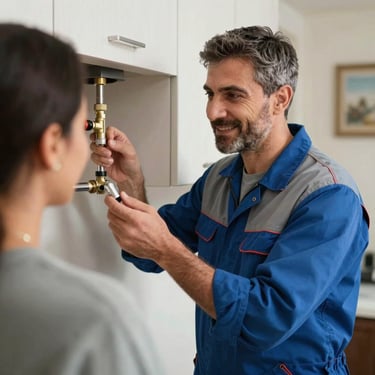 A friendly professional technician in a clean uniform explaining the plumbing service details to a customer in a Middle Eastern / Turkish home.