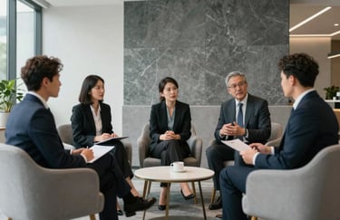 A high-resolution photo of a professional team in a North American / US corporate lounge, engaging in a strategic discussion. Sophisticated atmosphere with cool slate grey and soft off-white decor.
