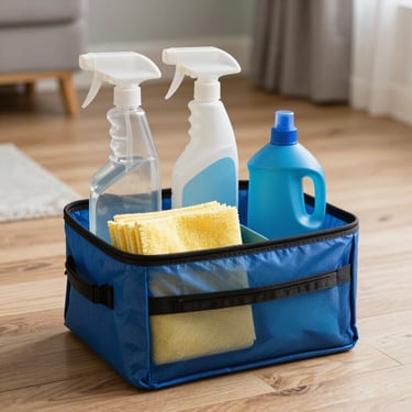 A professional cleaning kit organized neatly in a steel blue carrier, containing bottles and microfiber cloths, sitting on a clean light wood floor in a US home.
