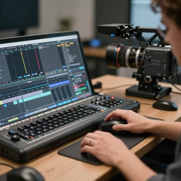 A person's hands in a tech-focused studio in Turkey using a professional video editing console and a high-precision mouse, focused and creative lighting.