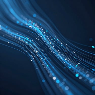 Abstract macro photography of digital light particles in navy and slate blue, representing fast artificial intelligence data processing and flow.