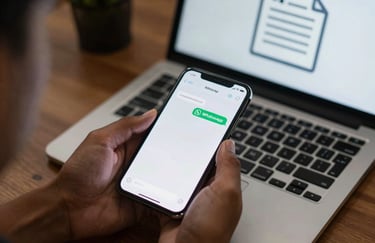 A professional desk setup in India with a smartphone showing a WhatsApp message and a laptop displaying a PDF report icon.