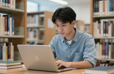 A Southeast Asian student in a modern library, using a laptop with focused intensity, surrounded by books and soft Light Blue accents in the background.