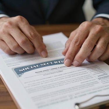 Close-up of hands reviewing official social security and tax documents with a focus on precision and detail, professional lighting.