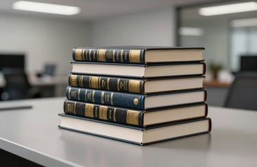A stack of professional legal books on a silver grey surface in a South American / Brazilian office setting, soft overhead lighting.