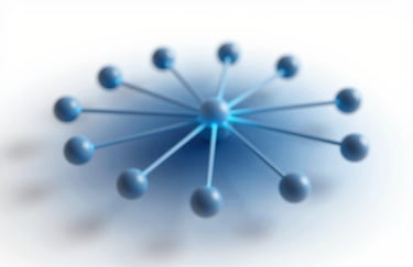 Abstract 3D digital nodes connected by glowing lines, symbolizing a scalable network, professional style, using #3C6E71 and #C0D6DB colors.
