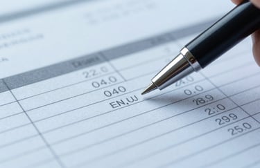 Macro shot of a high-quality financial ledger with a pen, representing detail-oriented accounting and precision, with soft lighting and professional blue tones.