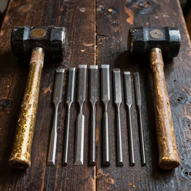 Symmetrical shot of professional woodworking tools laid out neatly on a dark wooden workbench, including chisels and a mallet, gold and dark grey tones.