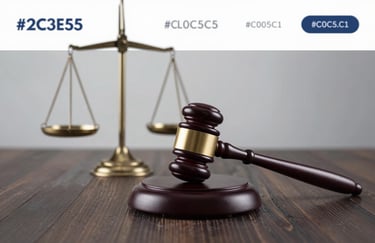 A set of legal scales of justice and a gavel on a dark wooden surface. Soft, professional lighting. Brand mood of precision and legal expertise. Tones of #2C3E50 and #C0C5C1.