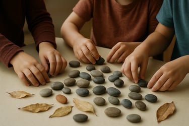 Close-up of children's hands (backs to camera) sorting smooth river stones and leaves on a cream table in an Australian educational setting.