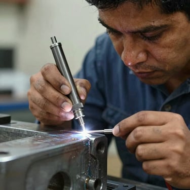 Close-up of a Latin American technician using a precision measuring tool on a steel weldment, professional focused lighting on the metal texture.