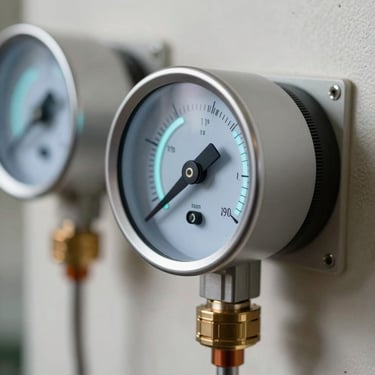 A detailed close-up of advanced HVAC sensors and air-flow meters with silver metallic finishes and subtle light cyan status indicators.
