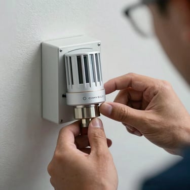 A close-up of a high-tech silver thermostat interface being operated by a professional HVAC technician in a corporate Miami setting.