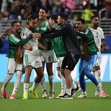 Algerian national football team players celebrate a goal on the pitch during an international match.