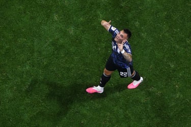 Argentina soccer player Lautaro Martinez celebrates a goal on the green field during a match.