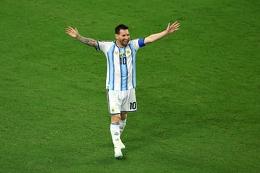 Lionel Messi celebrating in an Argentina jersey with arms wide on a green soccer pitch.