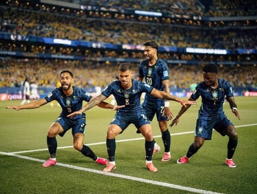Brazil national football team players in blue kits celebrate a goal with a synchronized dance on the pitch.