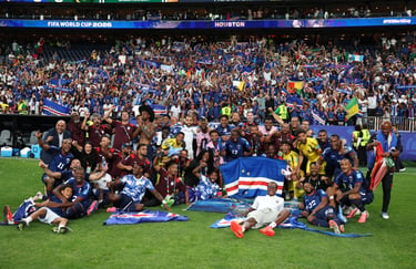 Cape Verde national soccer team celebrates on the field with fans at the FIFA World Cup 2026 qualifier.