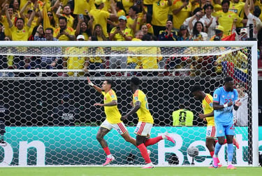 Colombia soccer players celebrate a goal in front of cheering fans during a match.