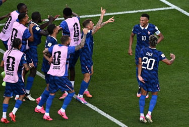 French national soccer team players celebrate a goal on the field during a FIFA World Cup 2026 match.