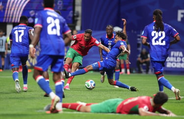 Professional soccer players in red and blue jerseys compete for the ball during a FIFA match on a grass field.