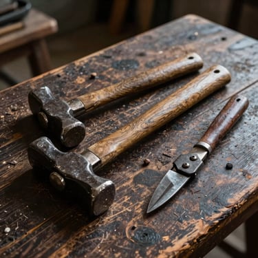 Nature morte d'outils de couvreur traditionnels incluant un marteau et une cisaille à ardoise sur un établi en bois sombre, style artisan français de l'Europe de l'Ouest.
