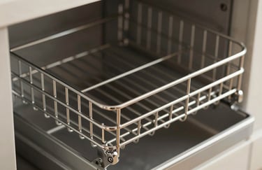 Detailed view of a pull-out pantry organizer with stainless steel racks and premium hardware.