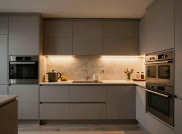 Architectural photography of a parallel kitchen layout with integrated appliances and warm under-cabinet lighting.