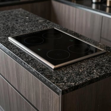 A sleek kitchen island with a dark charcoal granite top and built-in induction cooktop in a South Asian / Indian setting.