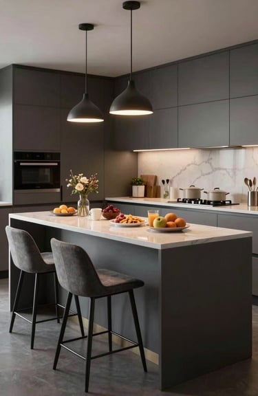 A modern breakfast counter with stylish stools and pendant lights in a sophisticated modular kitchen.
