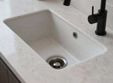 Close-up of a high-quality quartz countertop and an undermount sink with a black pull-out faucet.