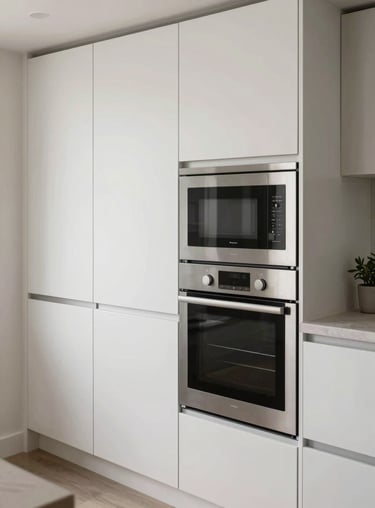 A bright, efficient kitchen space featuring tall units and built-in microwave and oven units.