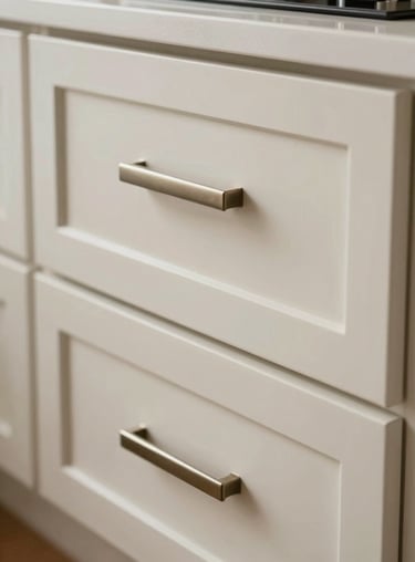 Close-up of luxury soft-close drawers and sleek metal handles on off-white cabinetry.