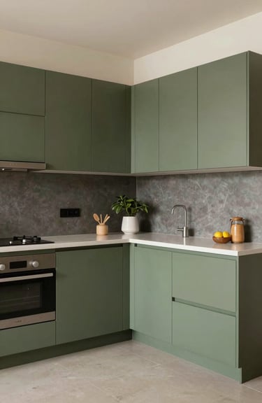 A wide shot of a contemporary L-shaped modular kitchen with olive green matte finish cabinets in a Pune apartment.