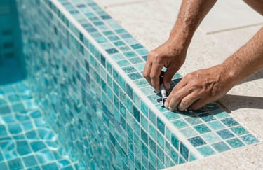 Detailed view of high-quality turquoise mosaic pool tiling being installed with professional precision. Clean lines and modern textures featuring #415A77 tones.